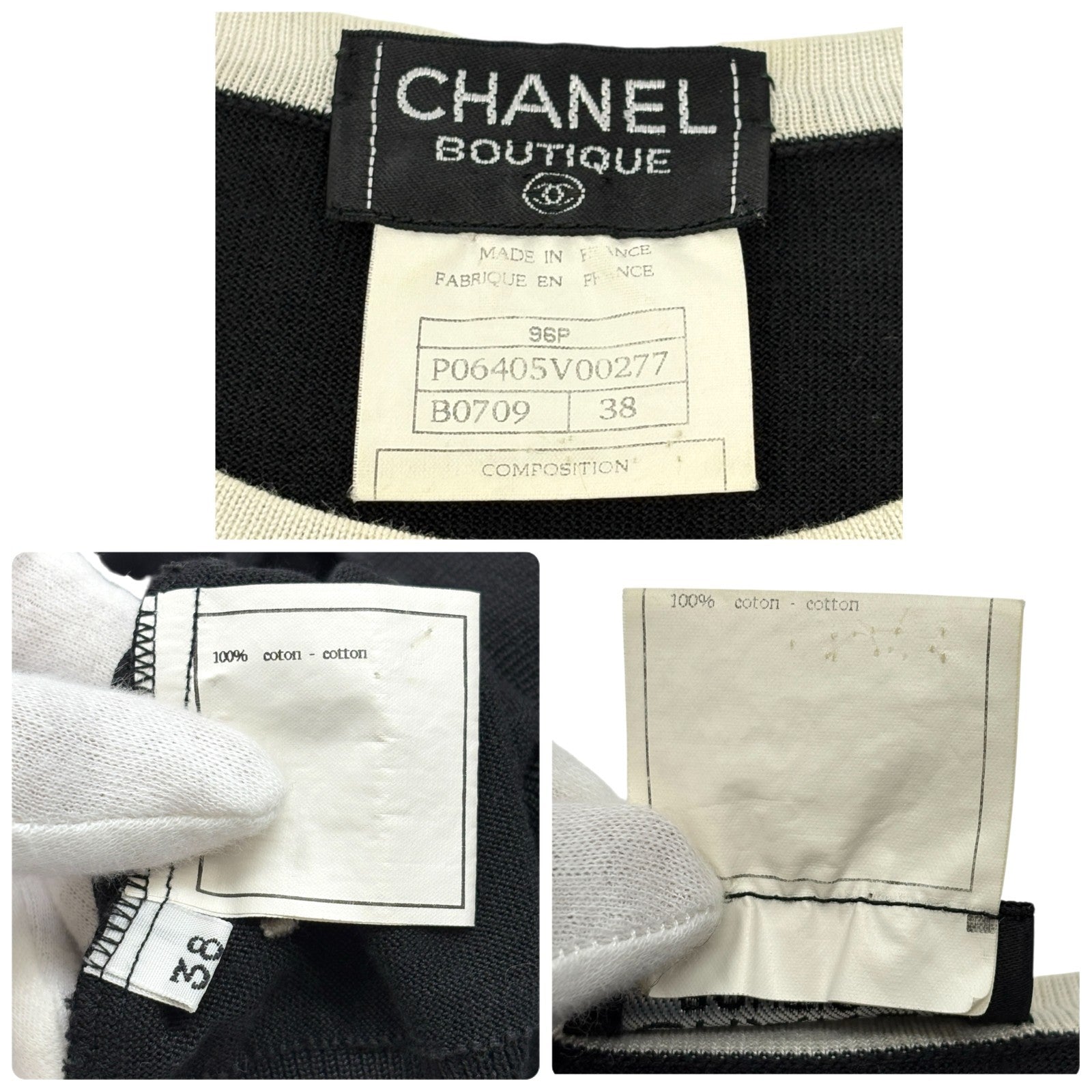 CHANEL Vintage 96P CC Mark Logo Knit Tank Top #38 Black White Cotton Sleeveless