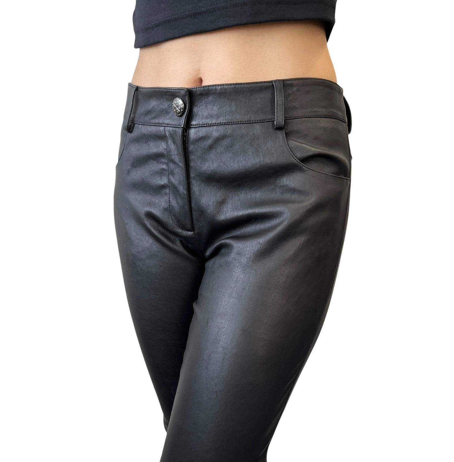 CHANEL Vintage P47479 CC Mark Logo Leather Pants #38 Button Zip Black Lambskin