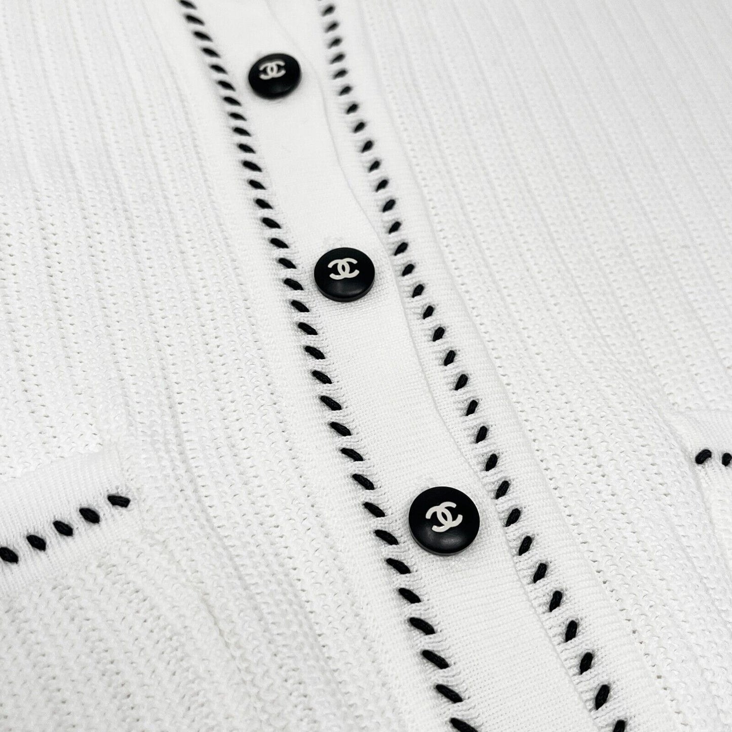 CHANEL Vintage 96P CC Logo Rib Knit Cardigan #38 Top Stitch White Black Cotton