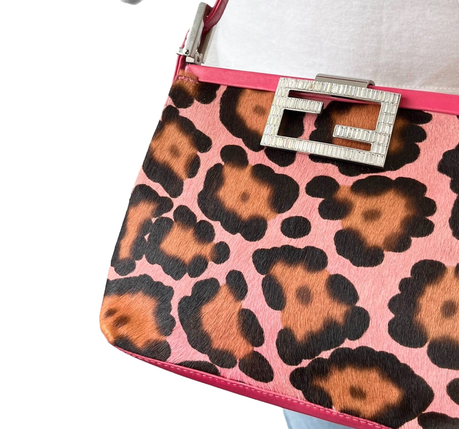 FENDI Vintage Mamma Baguette Leopard Pony Calf Hair Shoulder Bag Pink Brown