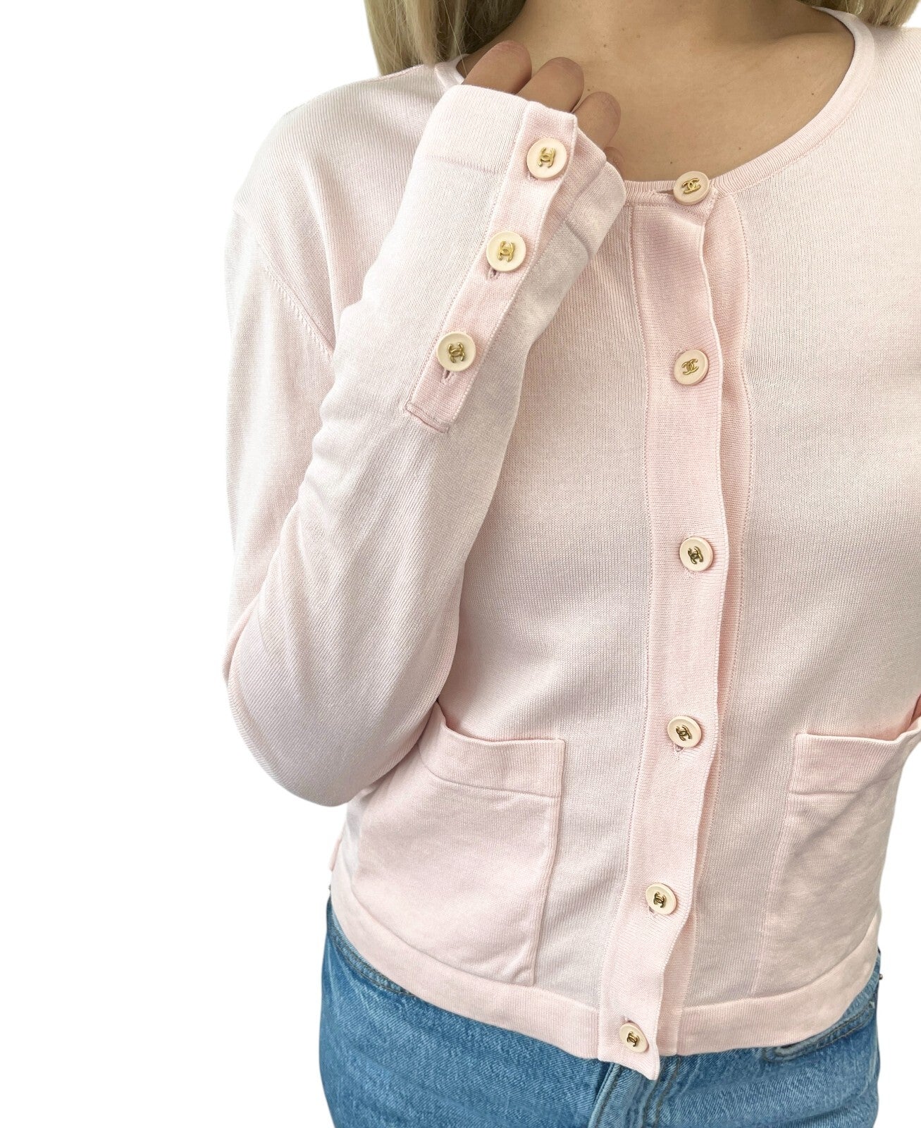 CHANEL Vintage CC Mark Logo Cardigan Pink Cotton Button Long Sleeve Top Pockets