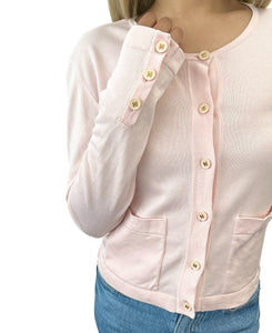 CHANEL Vintage CC Mark Logo Cardigan Pink Cotton Button Long Sleeve Top Pockets