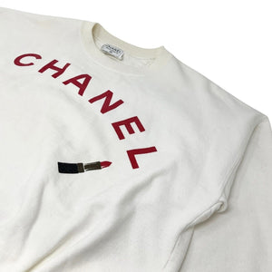 CHANEL Vintage CC Logo Long Sleeve Top Sweatshirt #M White Red Rip Cosme Cotton