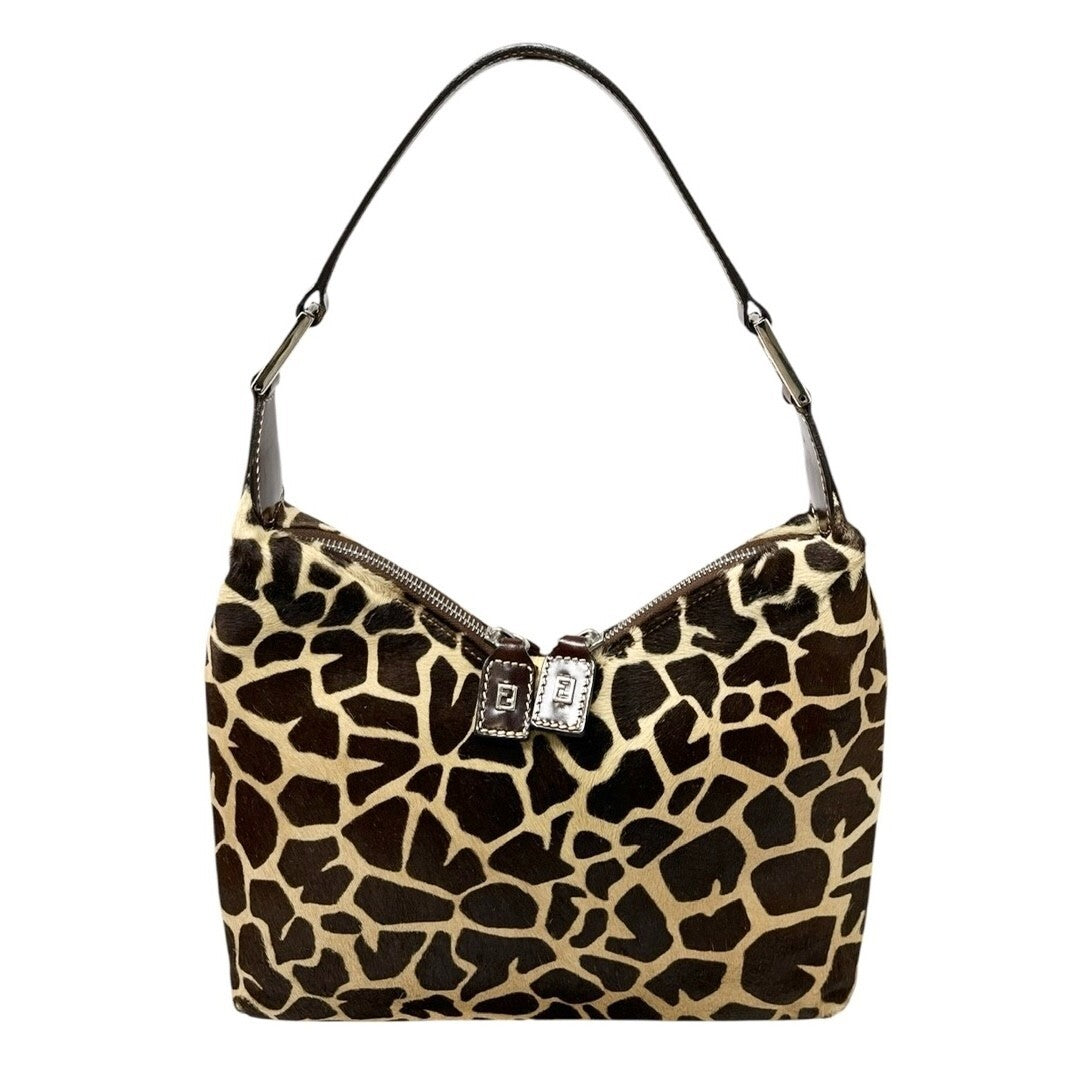 FENDI Vintage Zucca Logo Giraffe Print Shoulder Bag Brown Beige Calf Hair