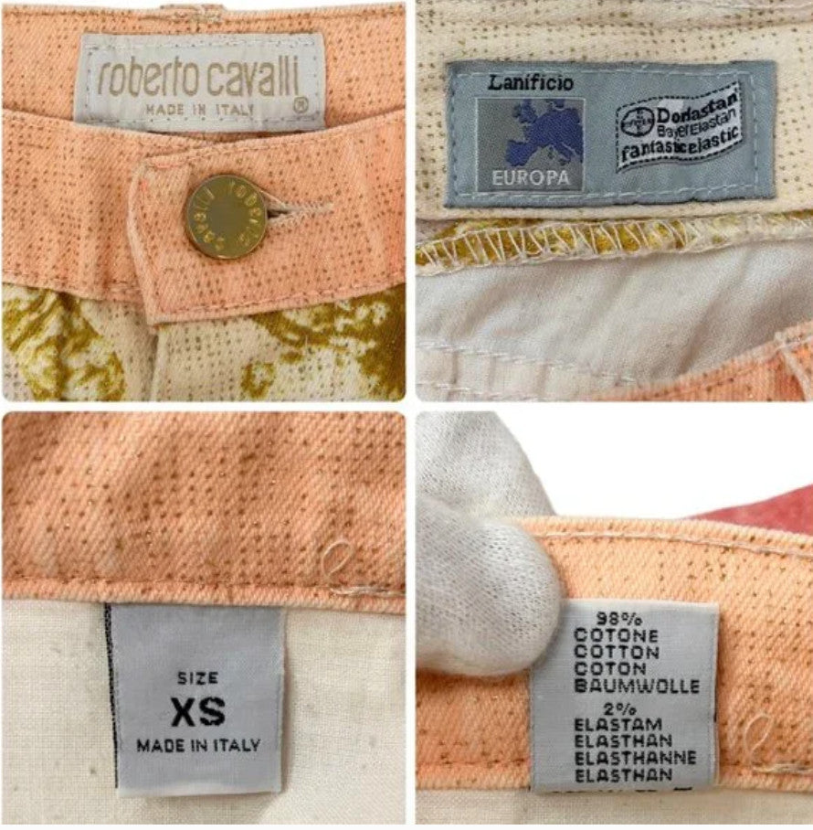 Roberto Cavalli Vintage Logo Jewel Print Pants #XS Glitter Orange Gold Cotton