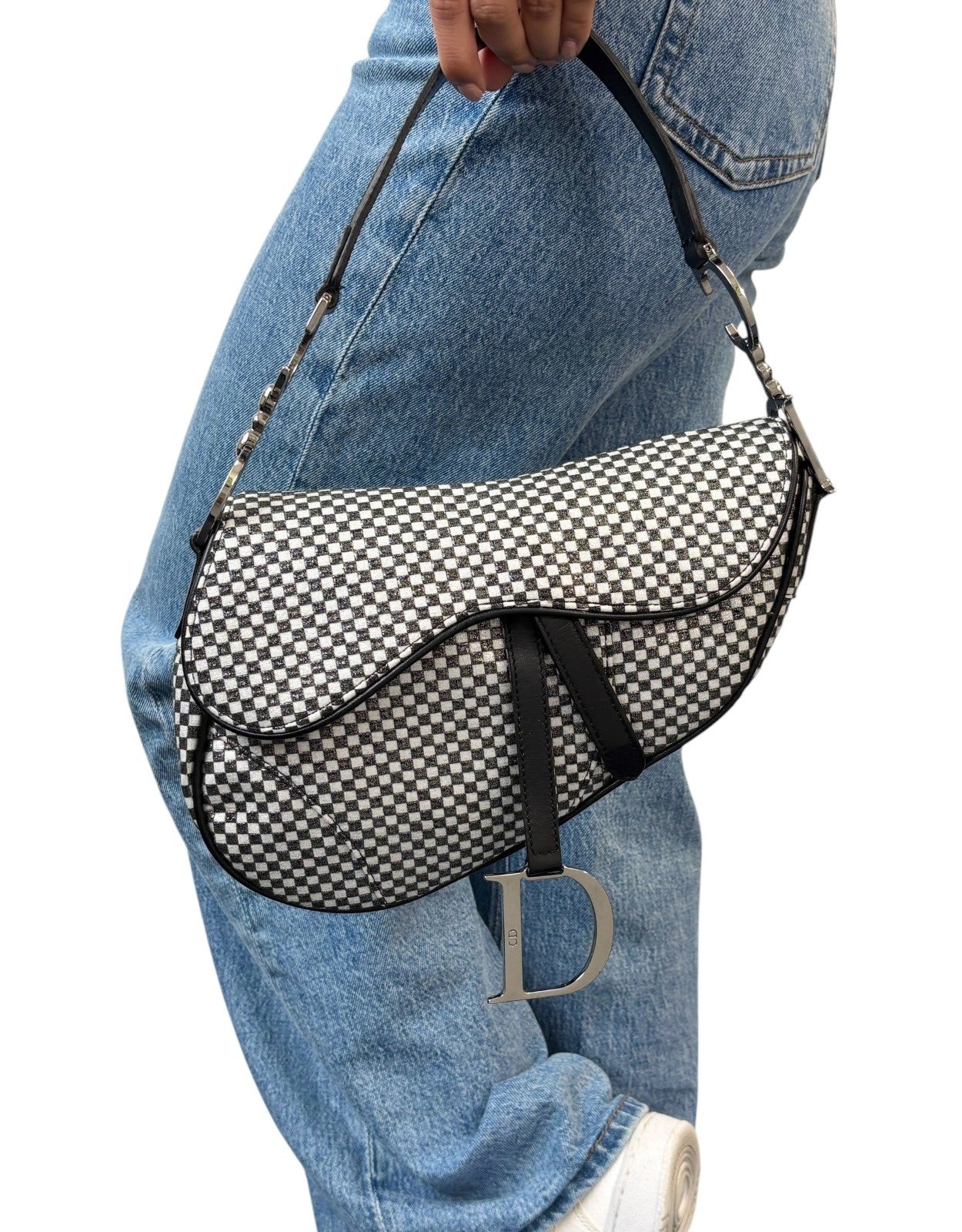 Christian Dior Vintage 2002 Checkered Glitter Saddle Bag Black Silver Cotton