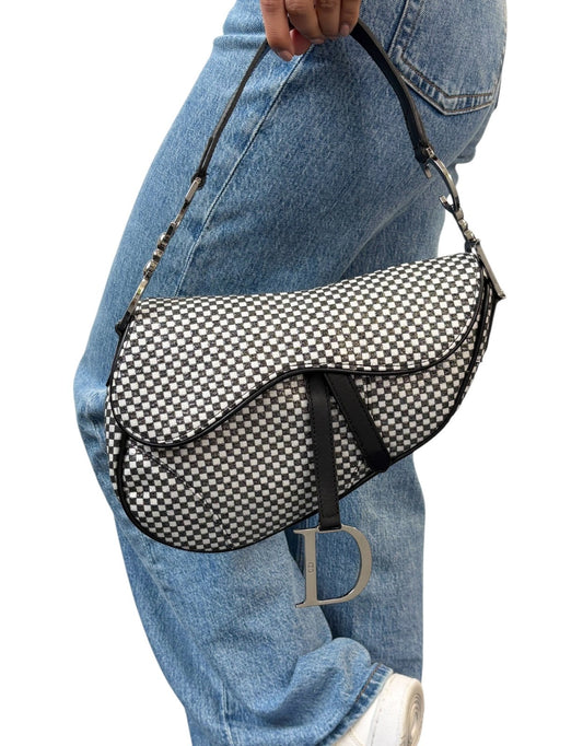 Christian Dior Vintage 2002 Checkered Glitter Saddle Bag Black Silver Cotton