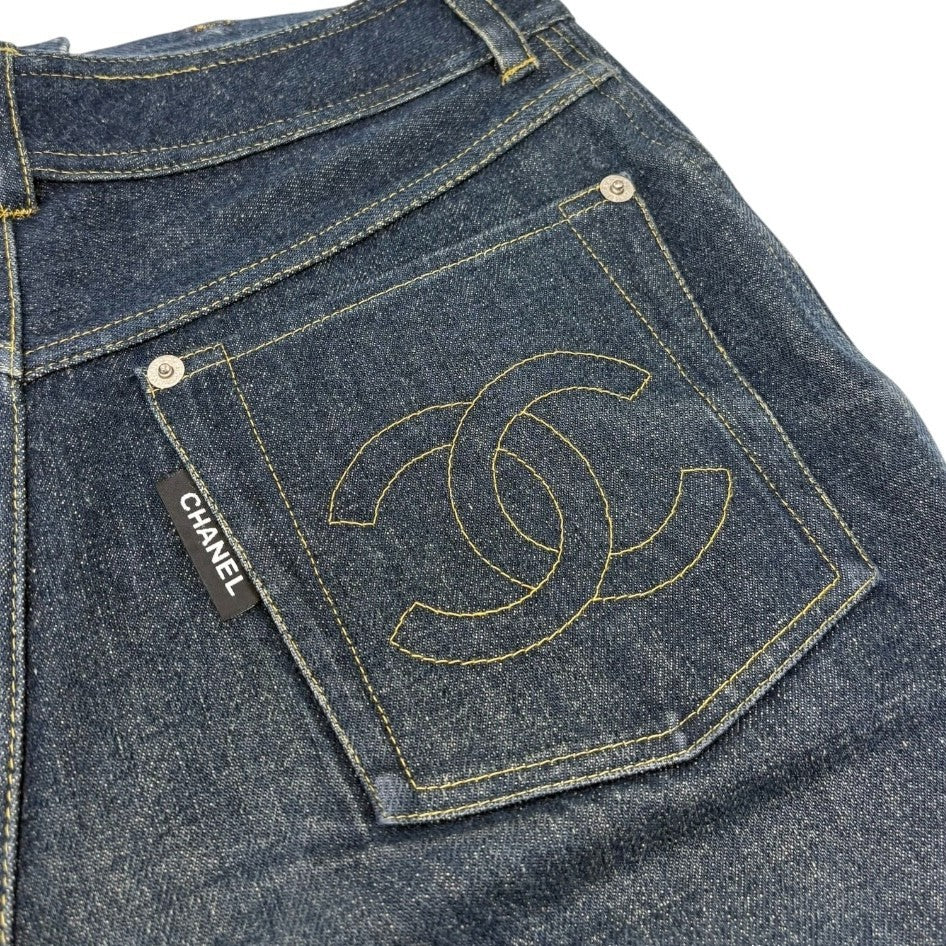 CHANEL Vintage CC Logo Denim Short Pants #36 Dark Blue Silver Cotton 902896