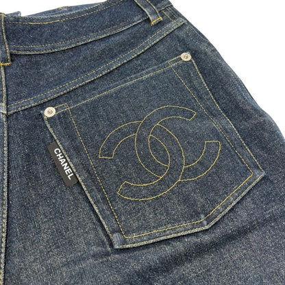 CHANEL Vintage CC Logo Denim Short Pants #36 Dark Blue Silver Cotton 902896