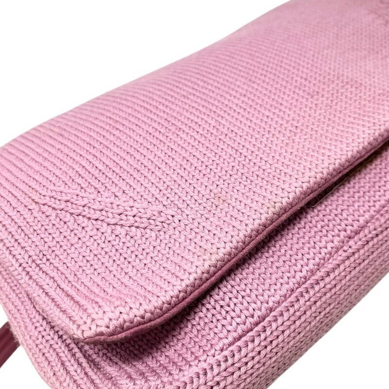 PRADA Vintage Logo Knit Shoulder Bag Pink Silver Cotton Nylon Zip