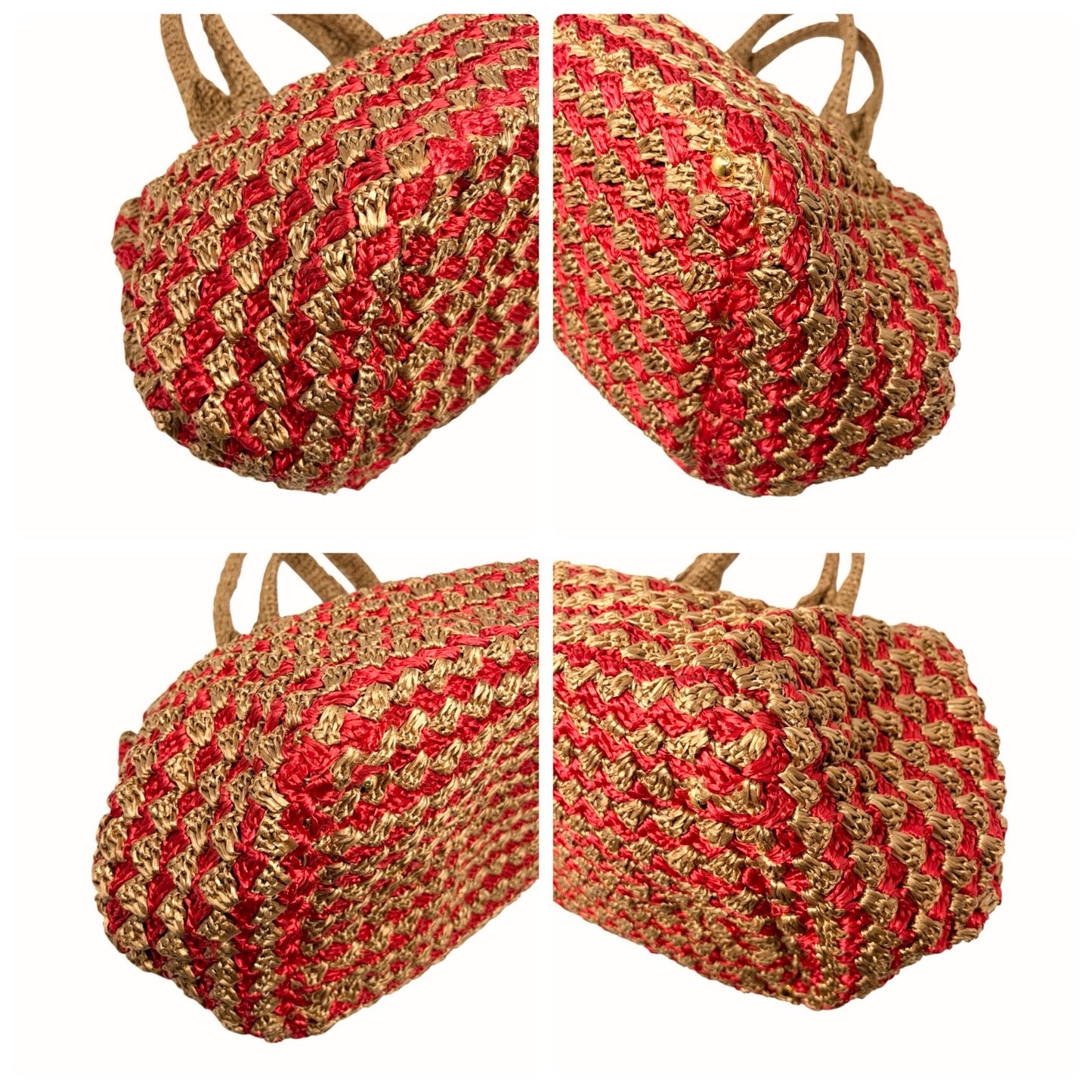 PRADA Vintage Triangle Logo Raffia Canapa Tote Bag Brown Red Crochet 902049
