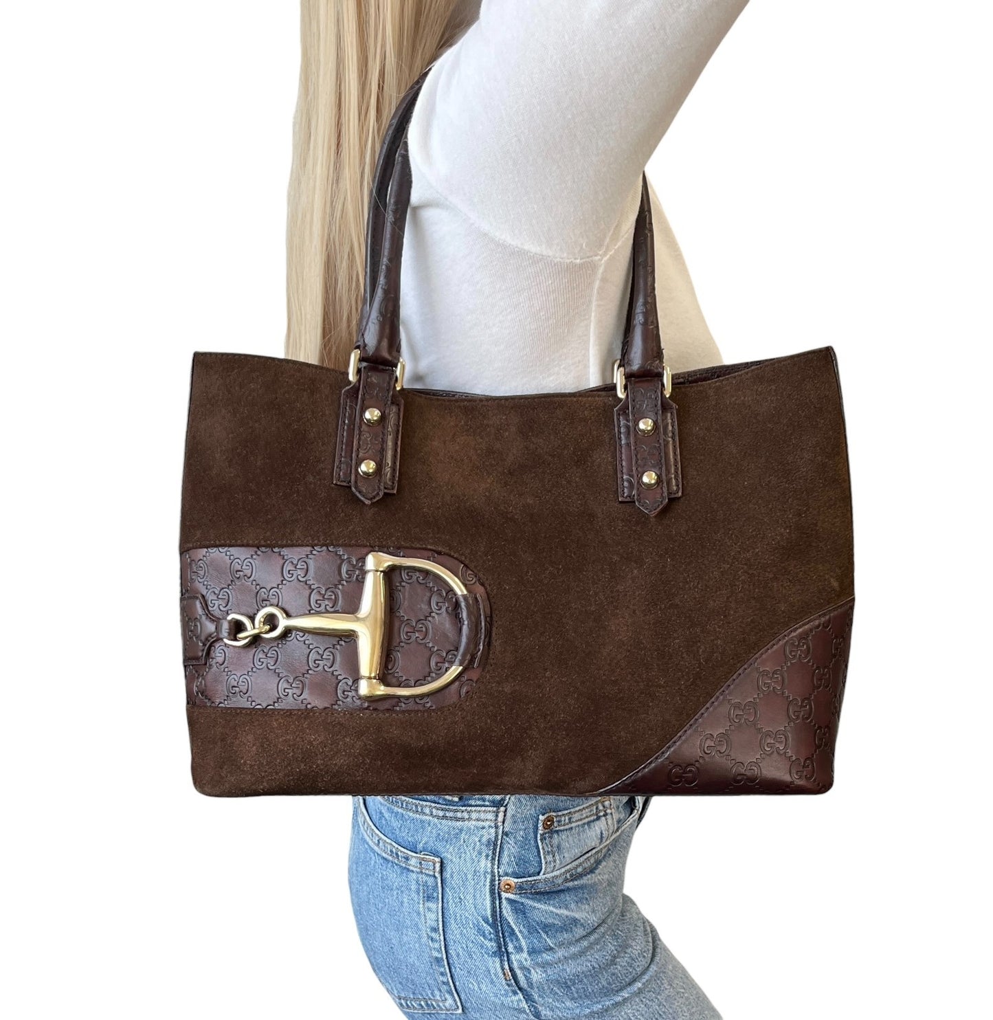 GUCCI Vintage GG Monogram Horsebit Suede Shoulder Bag Tote Brown Gold Leather