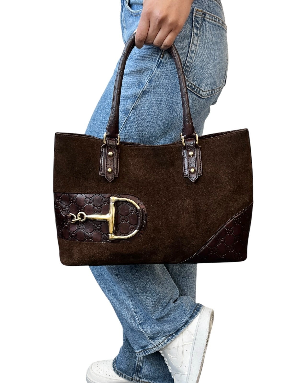 GUCCI Vintage GG Monogram Horsebit Suede Shoulder Bag Tote Brown Gold Leather