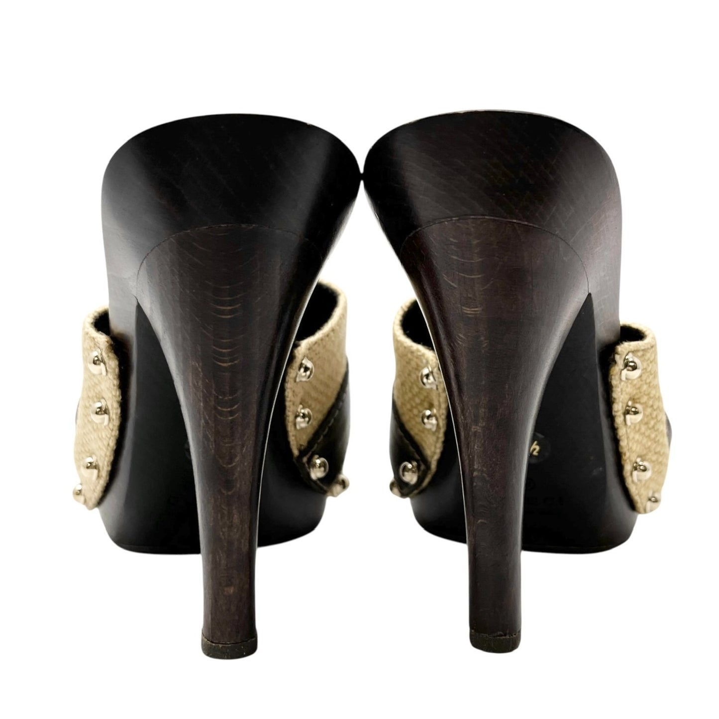 GUCCI Vintage Logo Horsebit Sandals Heels #36.5 Beige Brown Silver Cotton Wood
