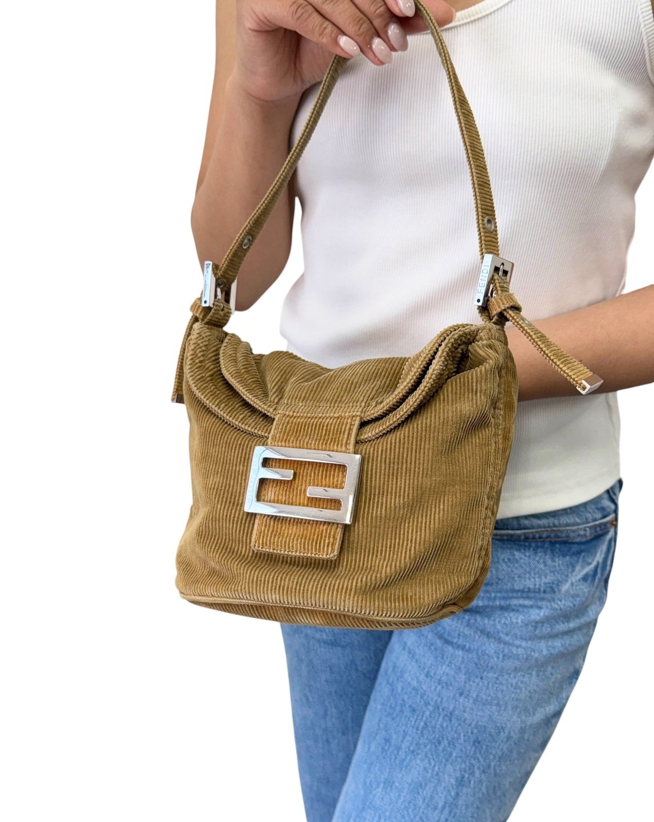 FENDI Vintage FF Logo Mamma Baguette Mini Shoulder Bag Beige Corduroy 901886