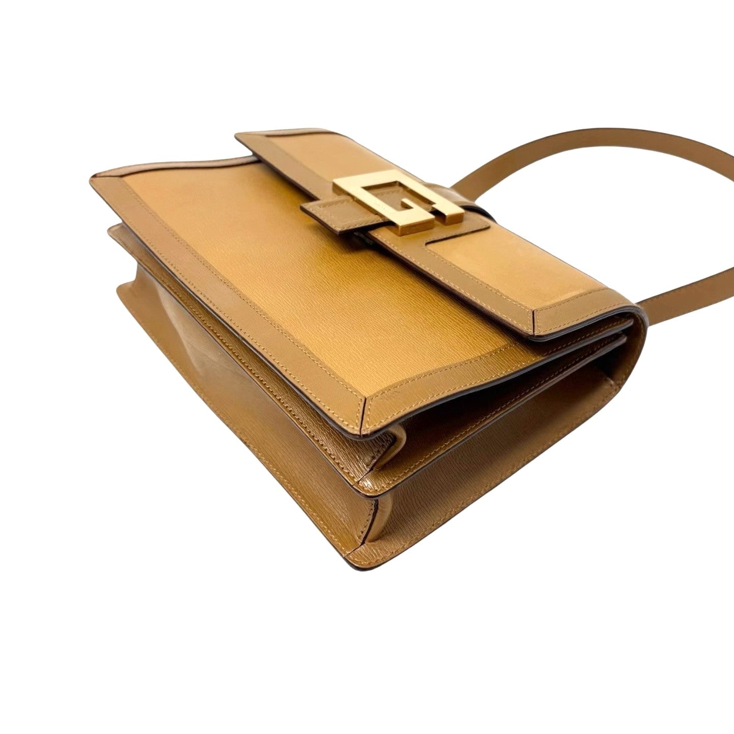 GUCCI Vintage G Square Logo Shoulder Bag Brown Camel Gold Leather Rectangle