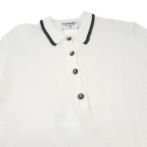 CHANEL Vintage 96C CC Logo Button Up Dress #38 Polo White Black Gold Cotton