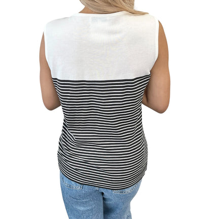 CHANEL Vintage CC Striped Sleeveless Tank Top #M White Black Cotton 902263