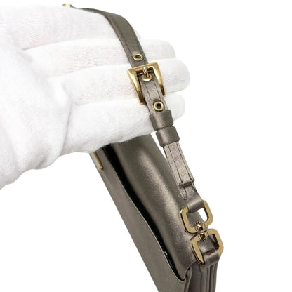 PRADA Vintage Logo Pochette Mini Hand Clutch Bag Satin Silver Gold 902499