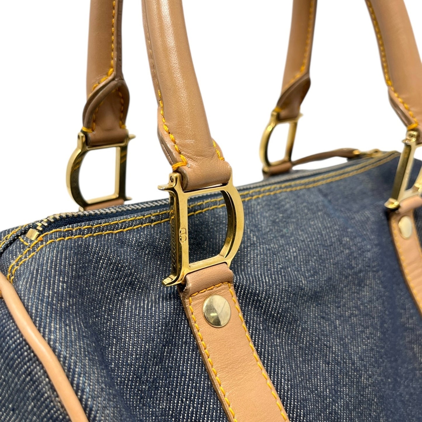 Christian Dior Vintag 2002 D Charm Denim Mini Boston Bag Blue Beige Gold