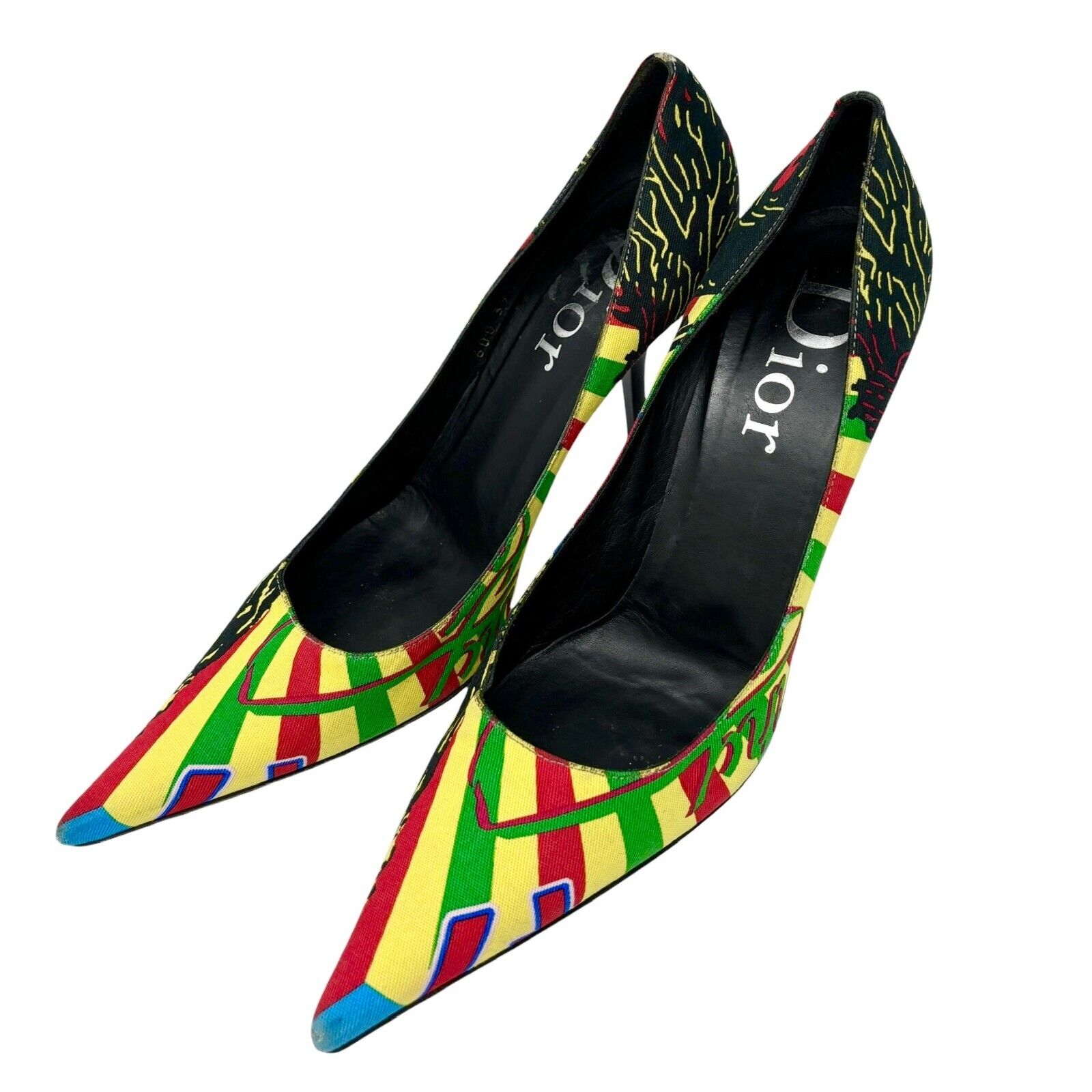 Dior Vintage 2004 Rasta Mania Pumps Heels #39.5 US 9.5 Multicolor Cotton Rank AB