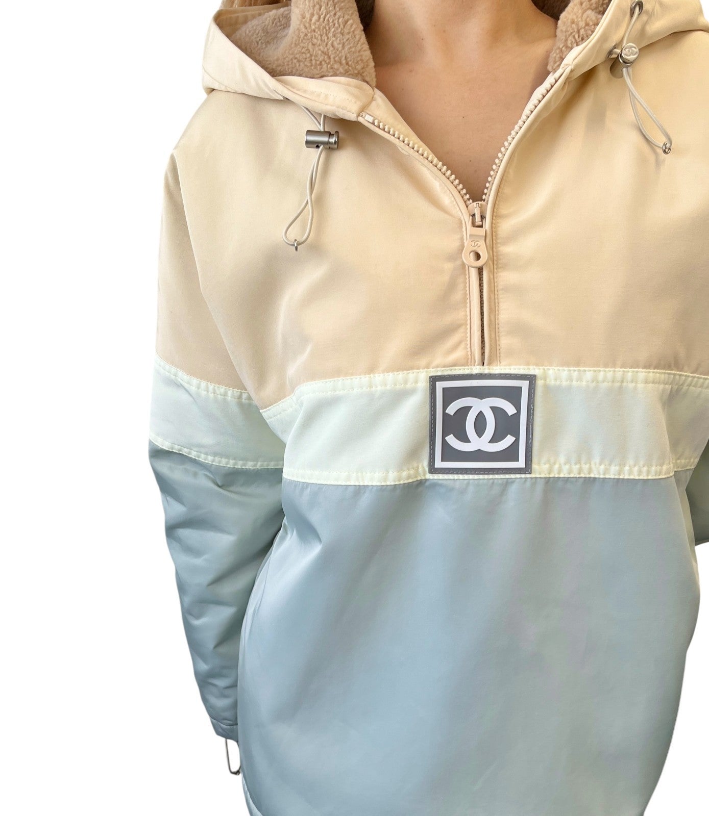 CHANEL Sport Vintage 01A Logo CC Mark Ski wear Jacket #36 Beige Blue Polyester