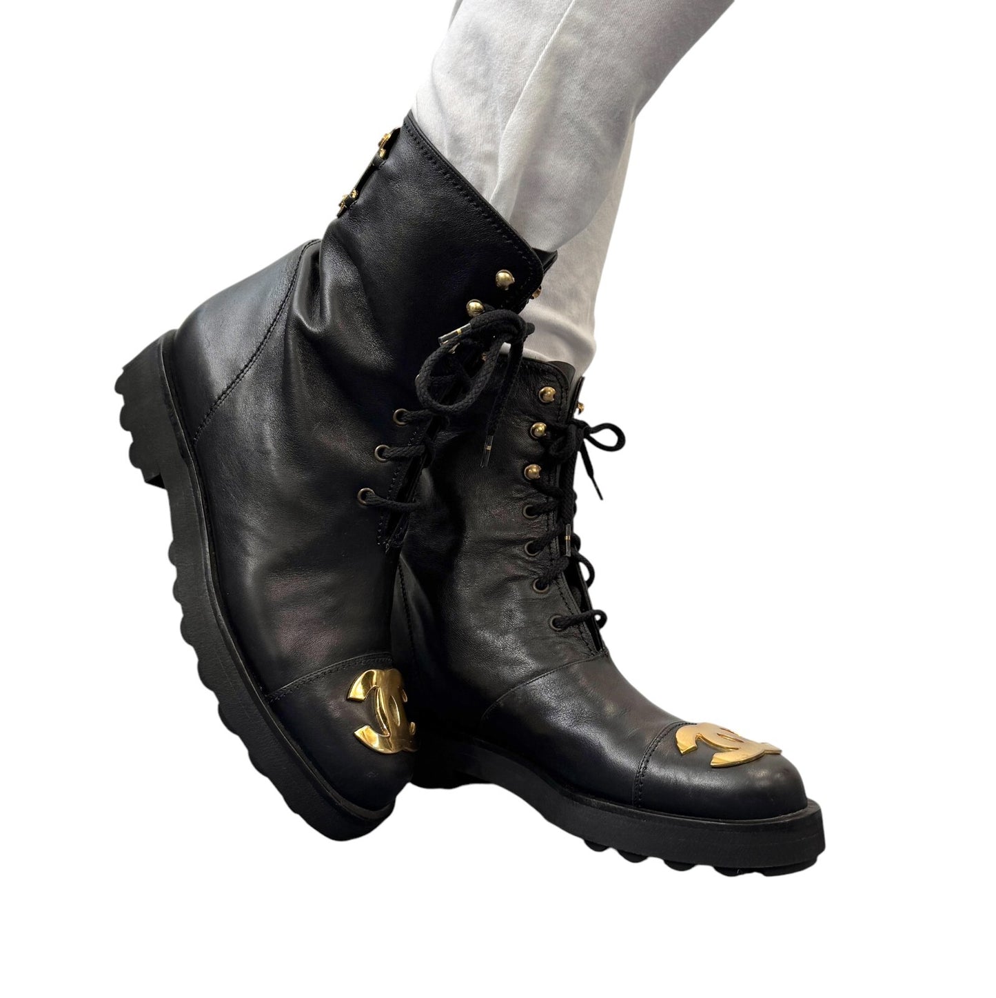 CHANEL Vintage CC Logo Lace-up Ankle Boots #36.5 Short Boots Black Gold Leather