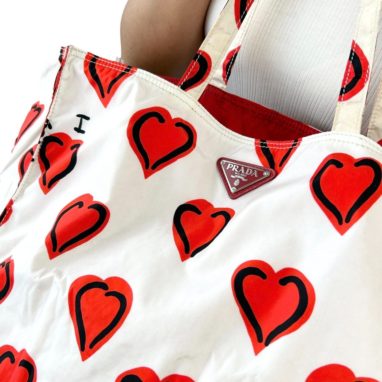 PRADA Vintage Logo Heart Pattern Tote Bag Handbag White Red Black Silver Nylon