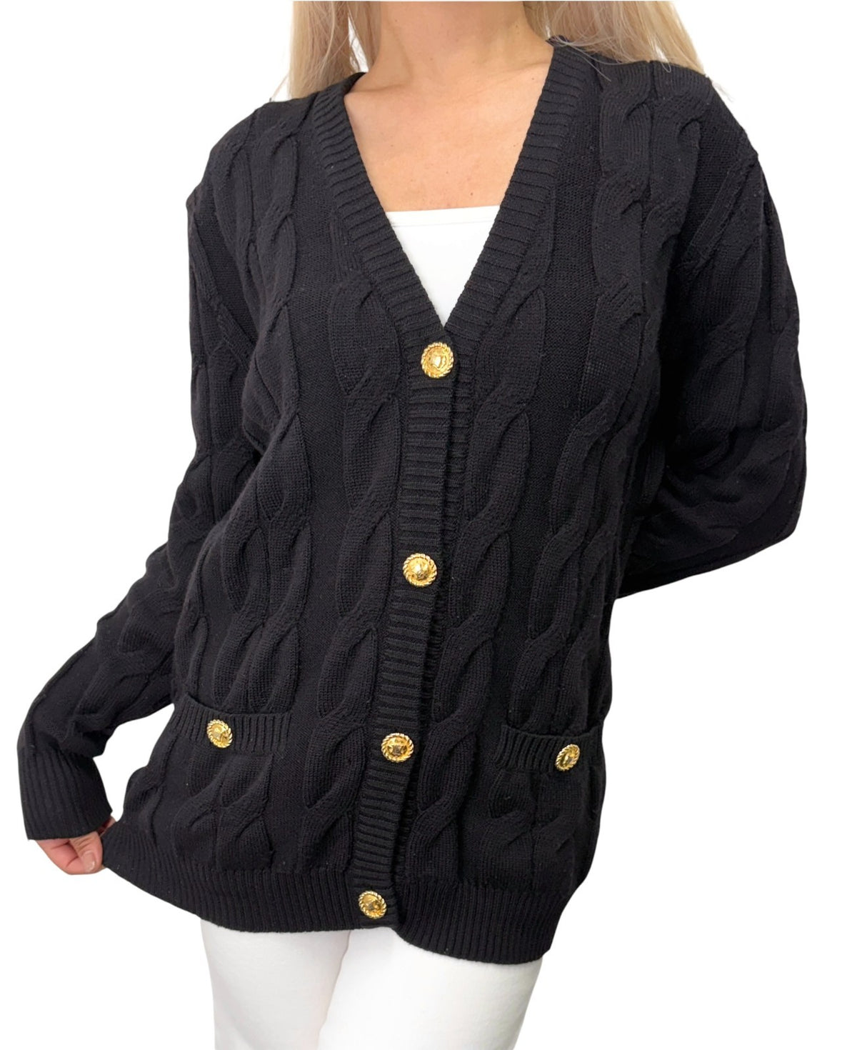 CELINE Vintage Logo Cable Knit Cardigan Top Button Black Gold 902914