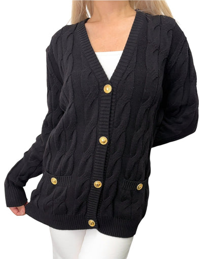 CELINE Vintage Logo Cable Knit Cardigan Top Button Black Gold 902914