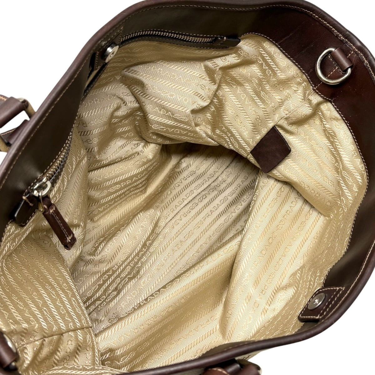 PRADA Vintage Jacquard Logo Tote Bag Brown Silver Canvas Leather 902340
