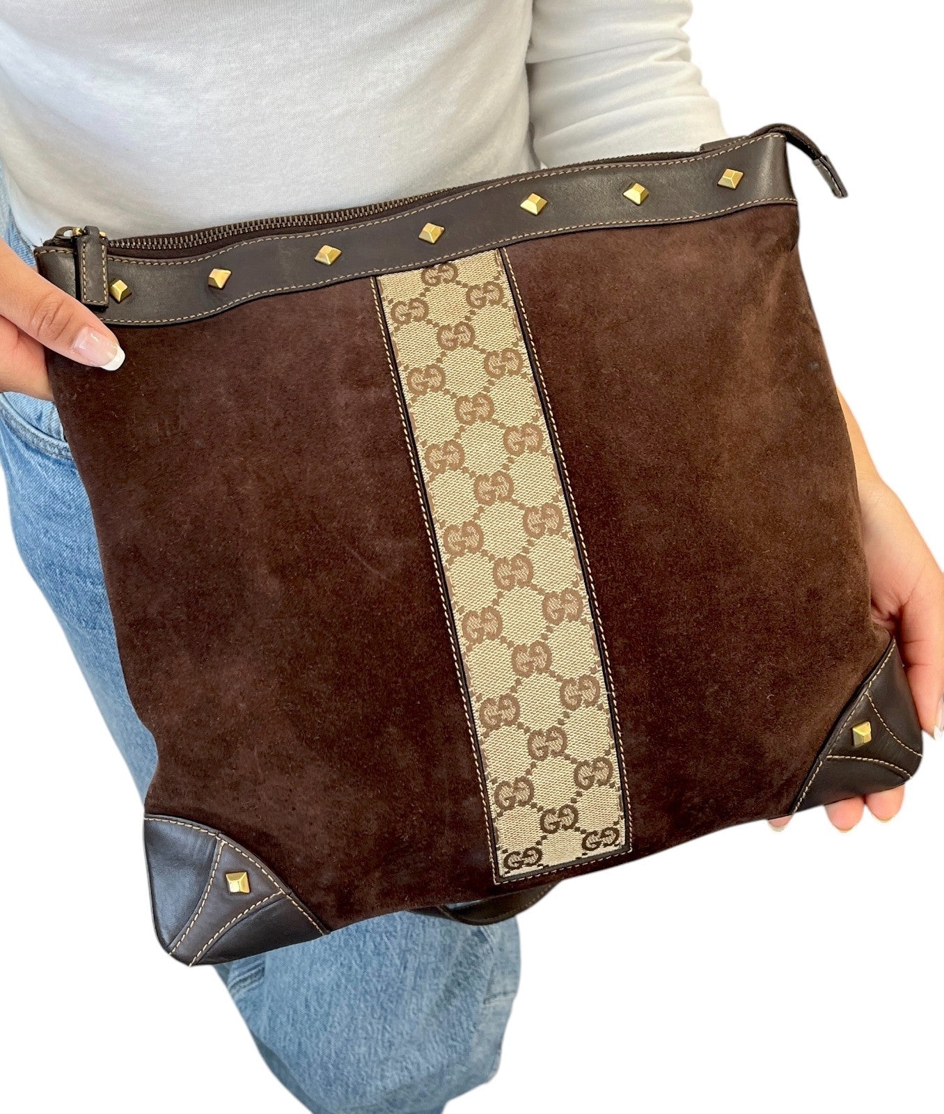 GUCCI Vintage GG Monogram Crossbody Bag Brown Gold Suede Canvas Studs Nailhead