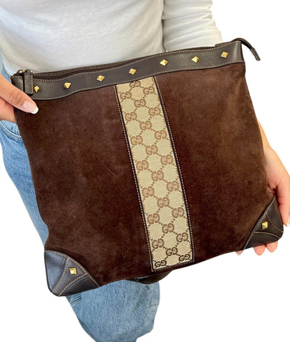 GUCCI Vintage GG Monogram Crossbody Bag Brown Gold Suede Canvas Studs Nailhead