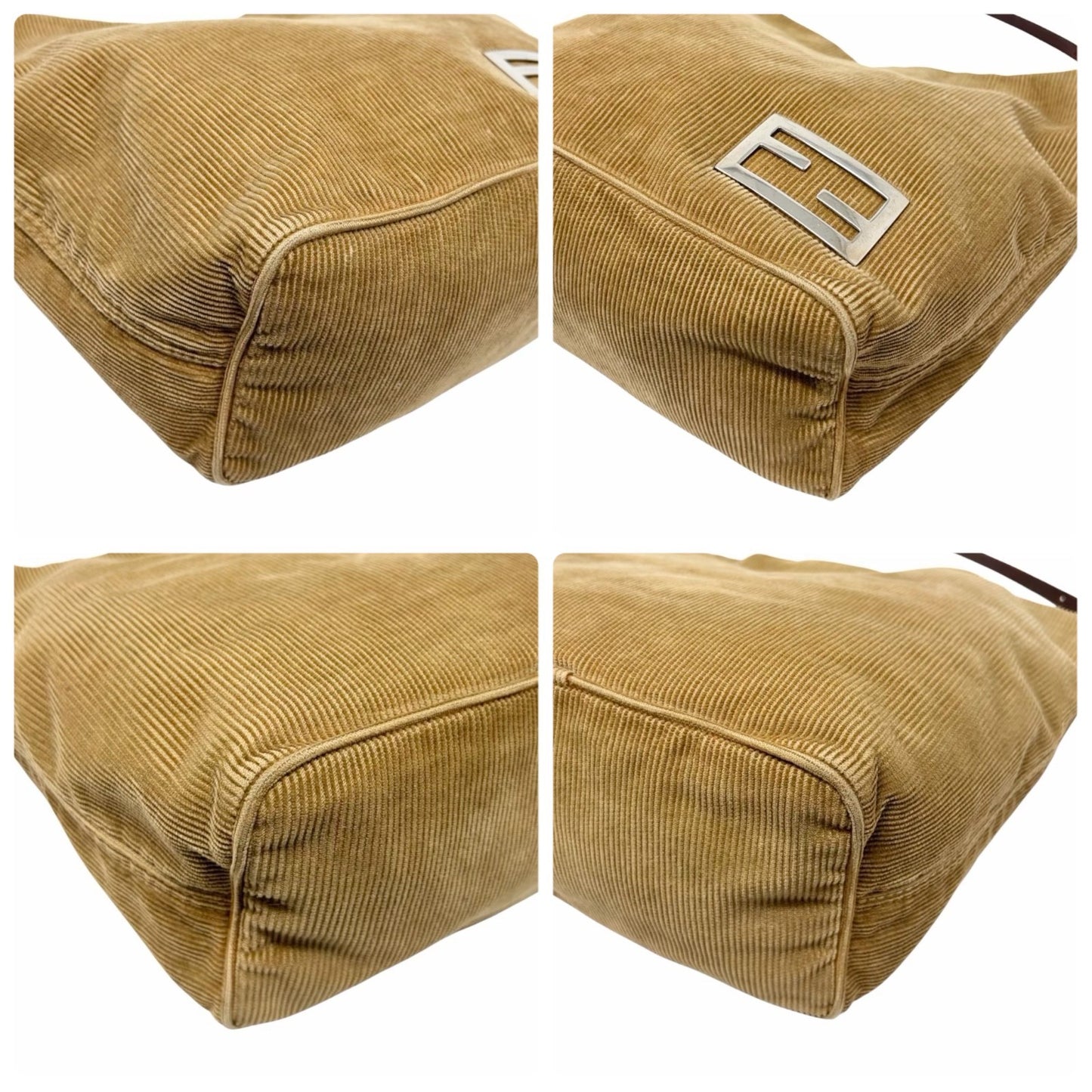 FENDI Vintage FF Logo Corduroy Pochette Shoulder Bag Beige Silver Brown 901847