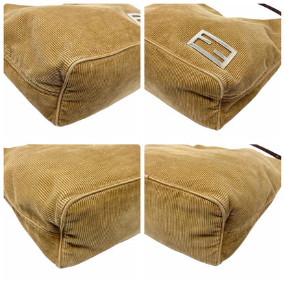 FENDI Vintage FF Logo Corduroy Pochette Shoulder Bag Beige Silver Brown 901847