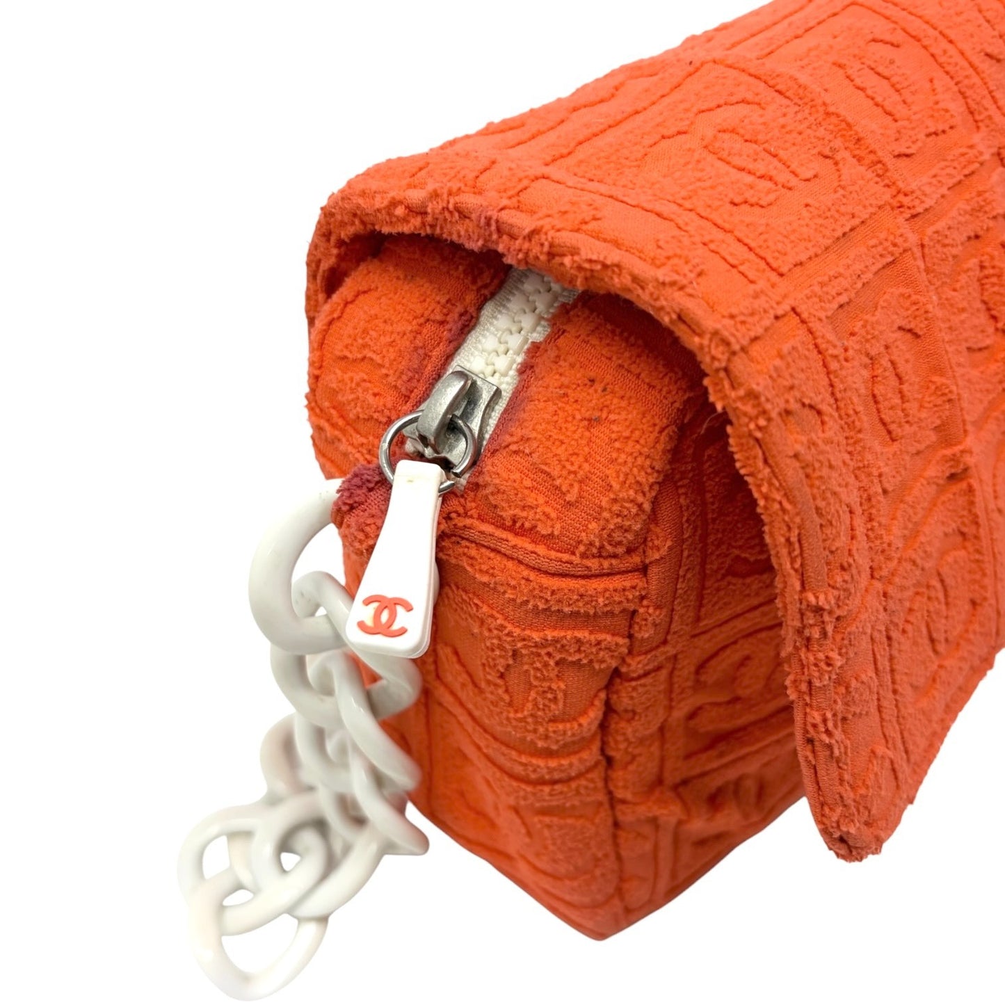 CHANEL Vintage 02S CC Logo Chain Shoulder Bag Terry Cloth Orange White 901896