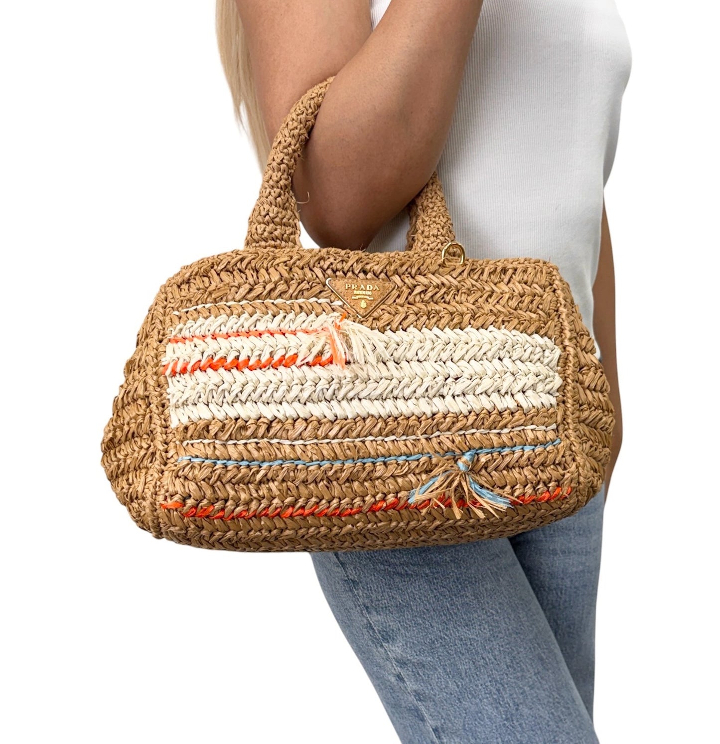 PRADA Vintage Raffia Straw Tote Crossbody Bag 2way Brown Multicolor 901877