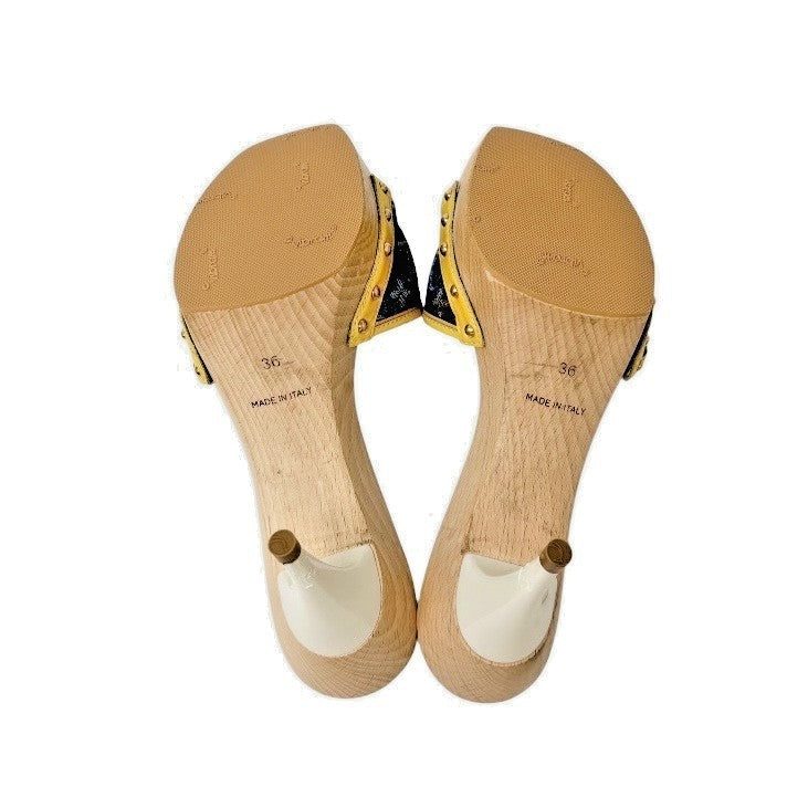 LOUIS VUITTON Vintage Logo Monogram Sandals Heels #36 Blue Yellow Leather