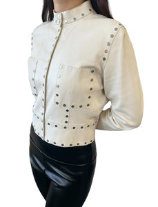 CELINE Vintage Logo Button Cropped Leather Jacket #38 Studs Cream Silver RankAB