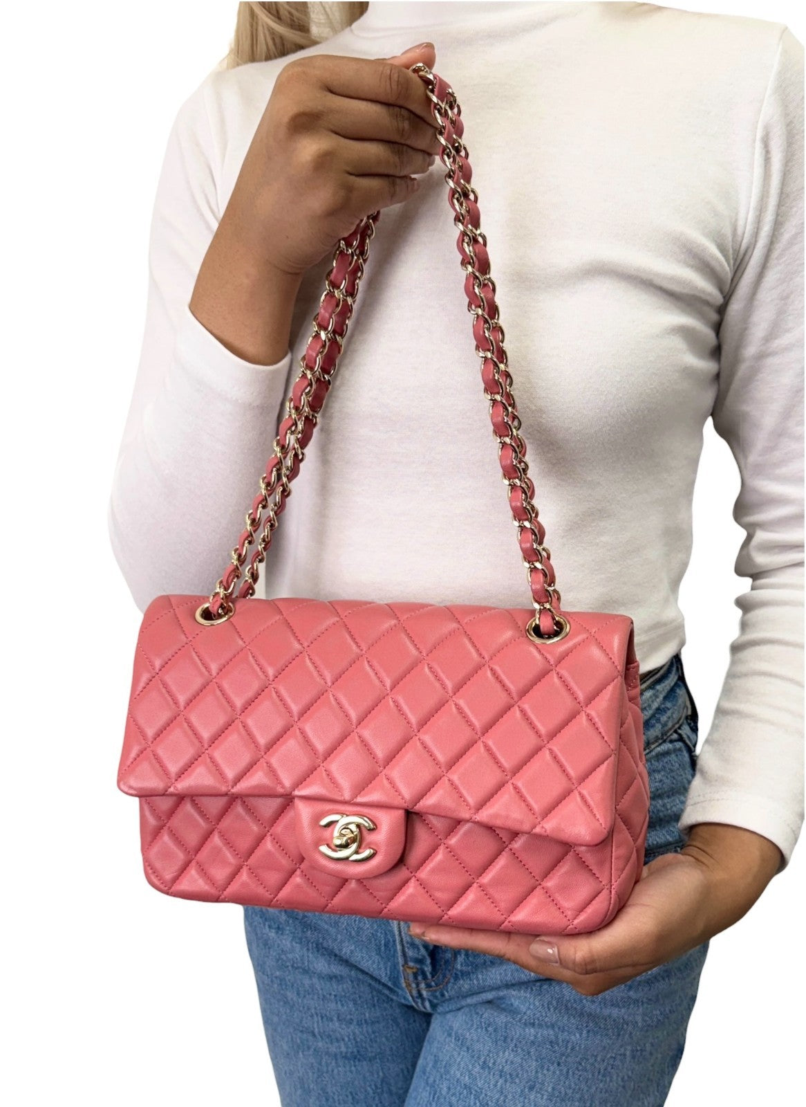 CHANEL Vintage CC Logo Quilted Double Chain 2way Bag Pink Gold Leather 902959