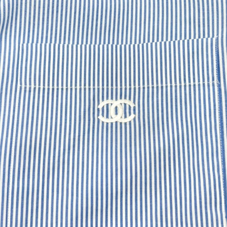 CHANEL Vintage 99P CC Logo Shirt Top #40 Button Up Stripe Blue Short Sleeve