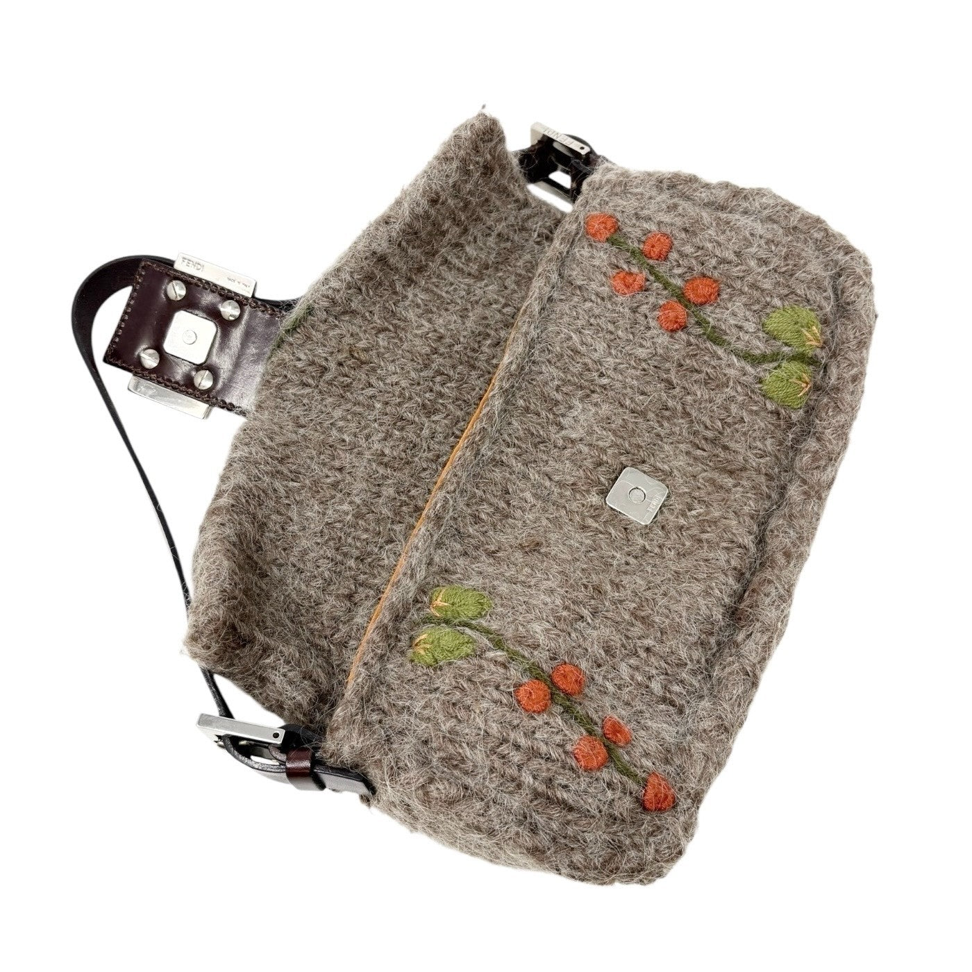 FENDI Vintage FF Mamma Baguette Wool Knit Shoulder Bag Gray Brown Flower