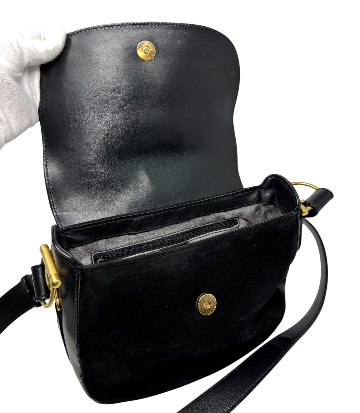 GUCCI Vintage Horsebit Crossbody Shoulder Bag Black Gold Suede Leather 902330
