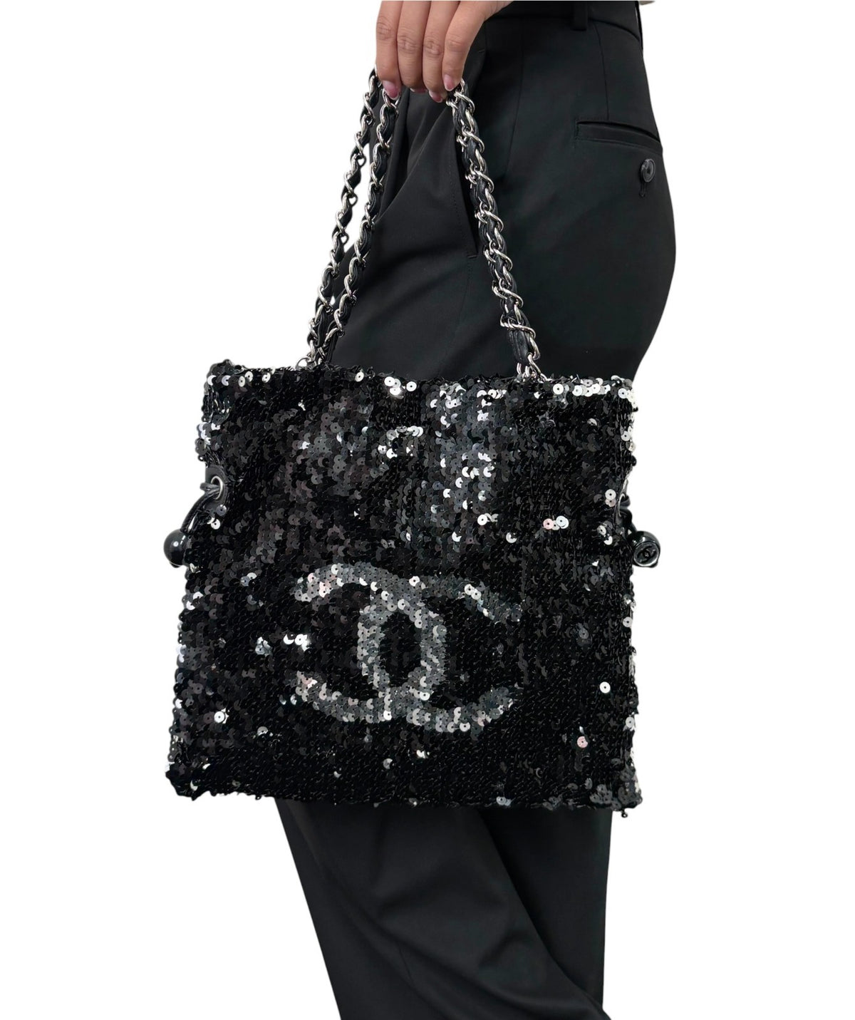 CHANEL Vintage CC Logo Sequins Chain Shoulder Bag Black Silver Leather 902342