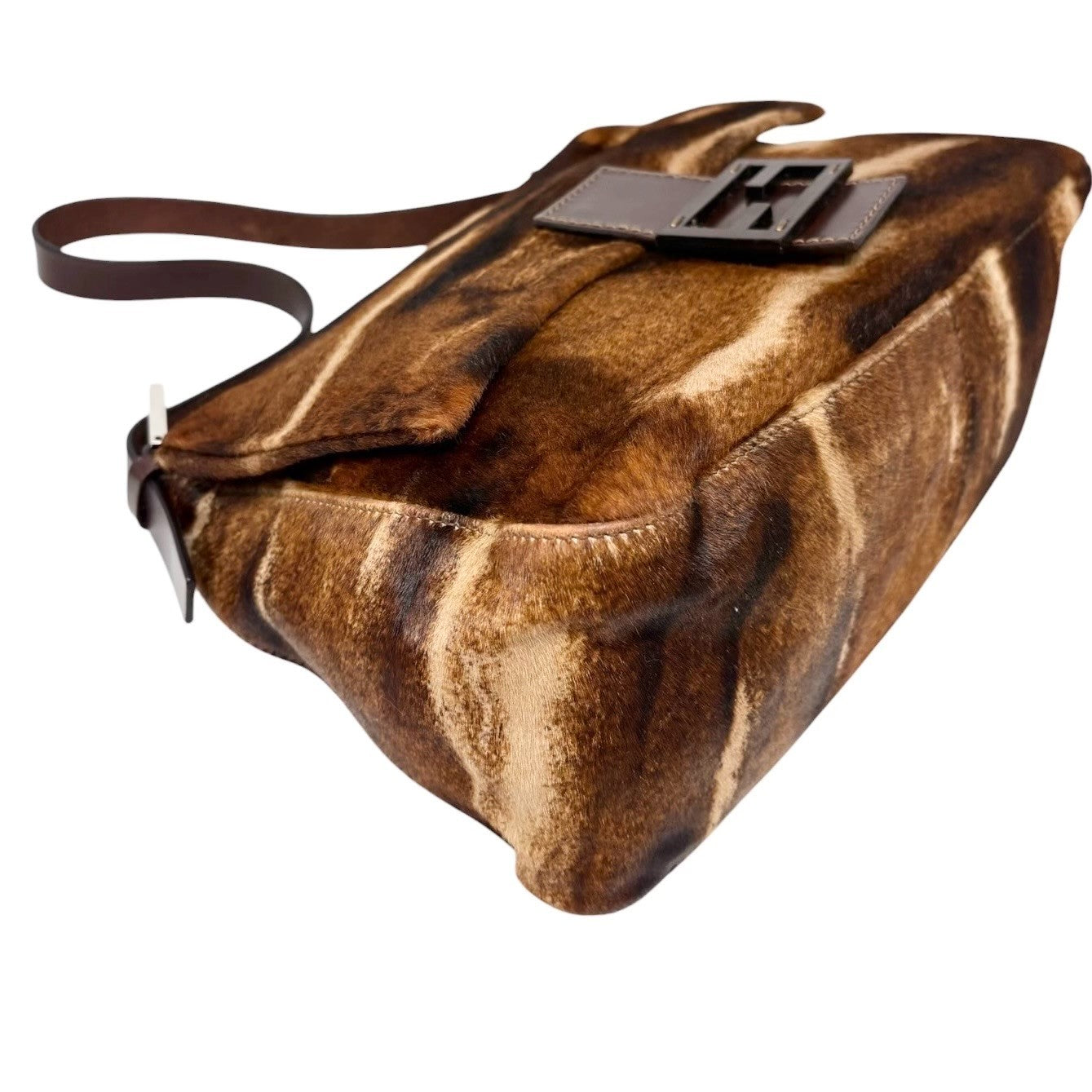 FENDI Vintage FF Logo Mamma Baguette Pony Calf Hair Shoulder Bag Brown Leather