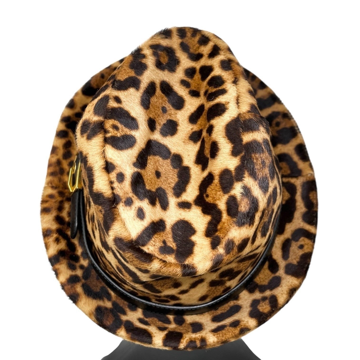 GUCCI Vintage Logo Leopard Pony Calf Hair Hat #M Beige Brown Cotton Belt