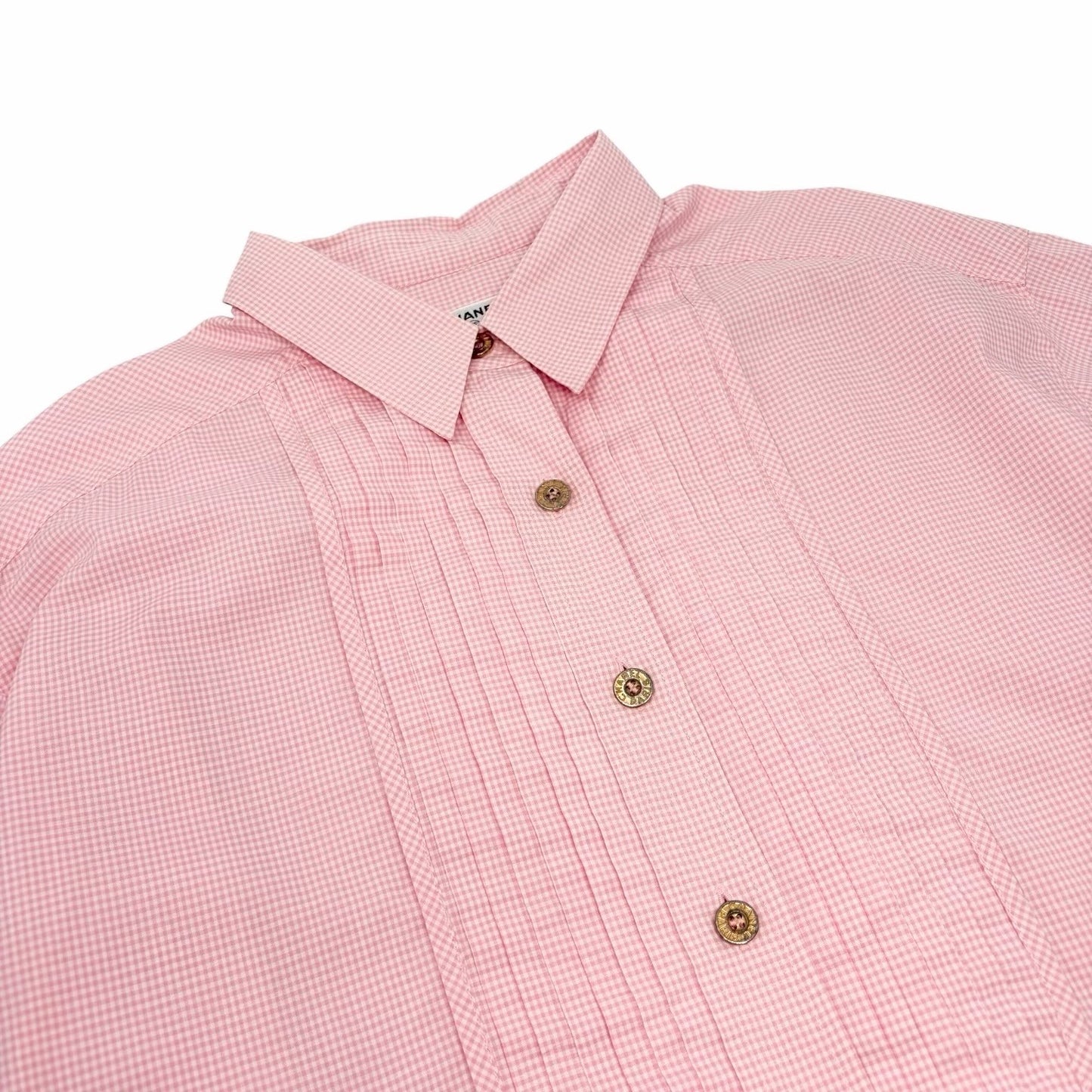 CHANEL Vintage CC Logo Gingham Check Button Up Shirt Top Pink  Cotton 901849