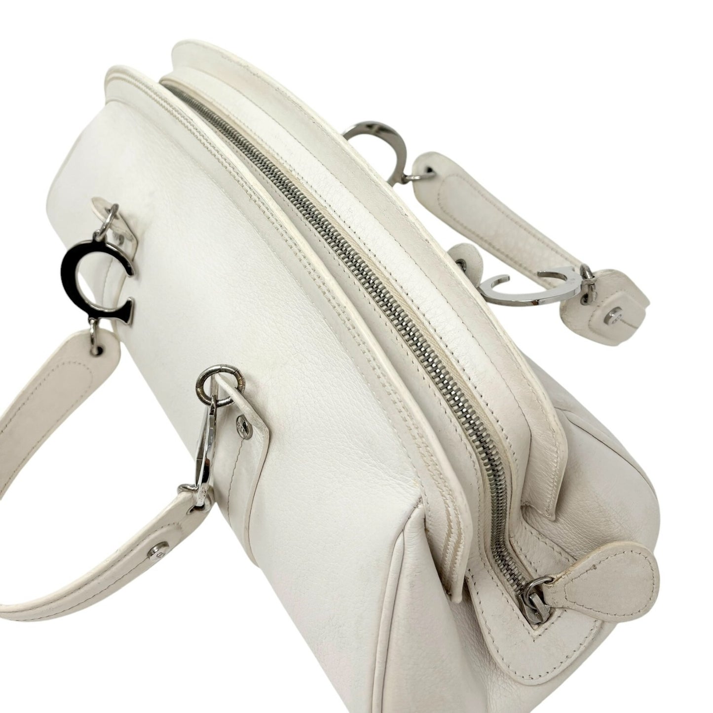Christian Dior Vintage 2005 CD Logo Stitch Handbag White Silver Leather Rank AB