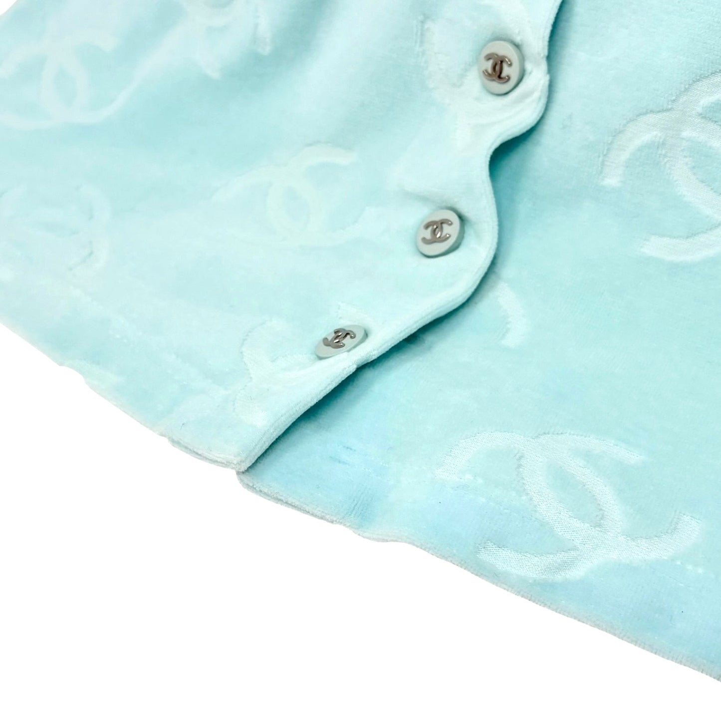 CHANEL Vintage 96A CC Logo Snap Button Velour Shirt Top #38 Light Blue