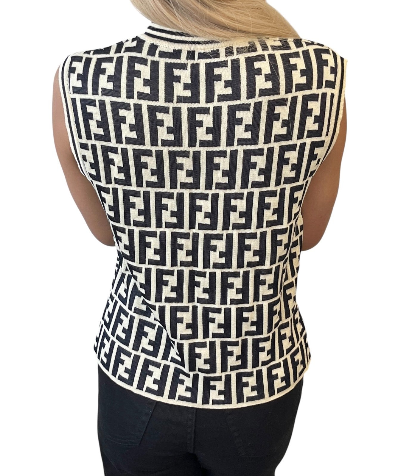FENDI Vintage Zucca Monogram Knit Vest Cardigan Sweater #38 Cream Black Cotton